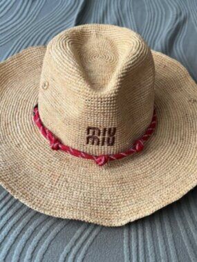NEW Miu Miu Woven Raffia Hat with Red Rope Band